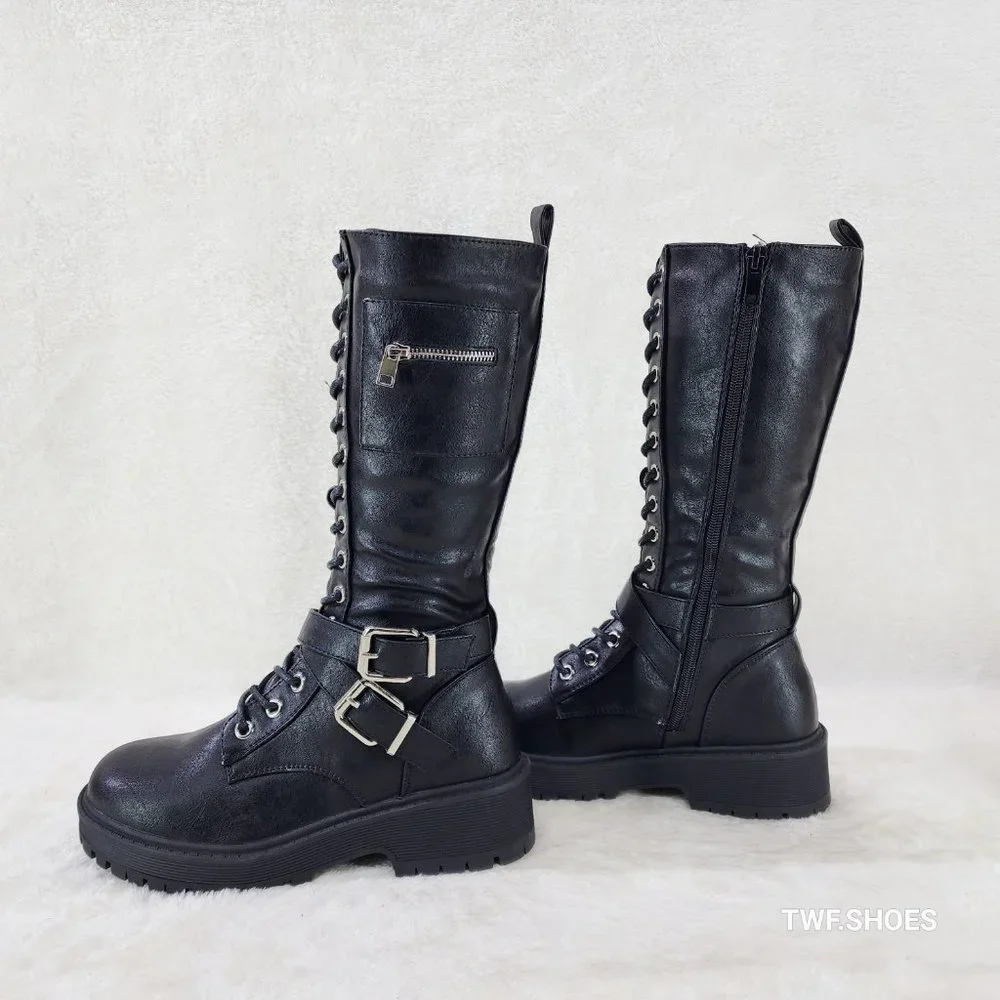Punky Black Faux Leather Mid Calf Combat Military Boots Zipper Side Pocket